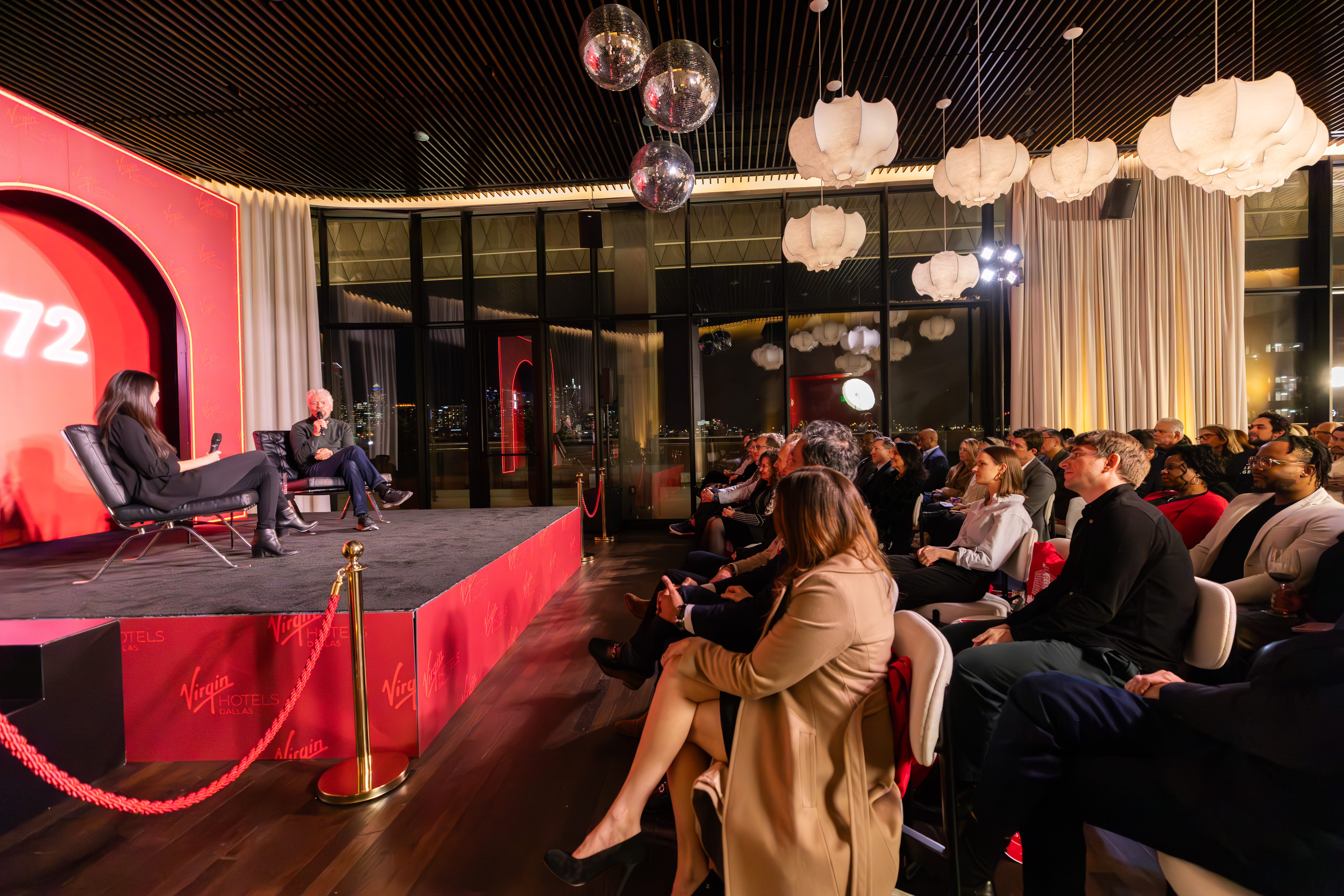 Richard Branson at Virgin Hotels Dallas, speaking at an RM72 entrepreneurship event