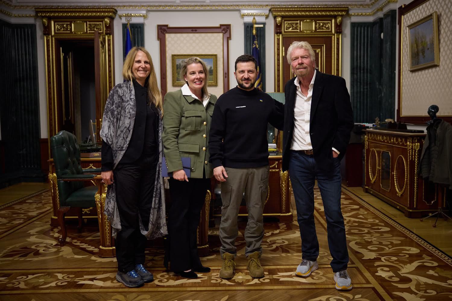 Richard Branson with President Zelensky, Jean Oelwang and Shannon Sedgwick Davis in Ukraine