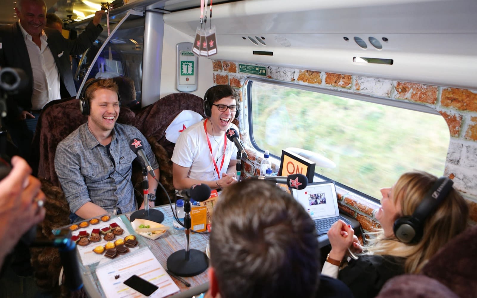 Sam Branson on a Virgin Train with Virgin Radio UK DJs for the launch of Virgin Radio UK in 2016