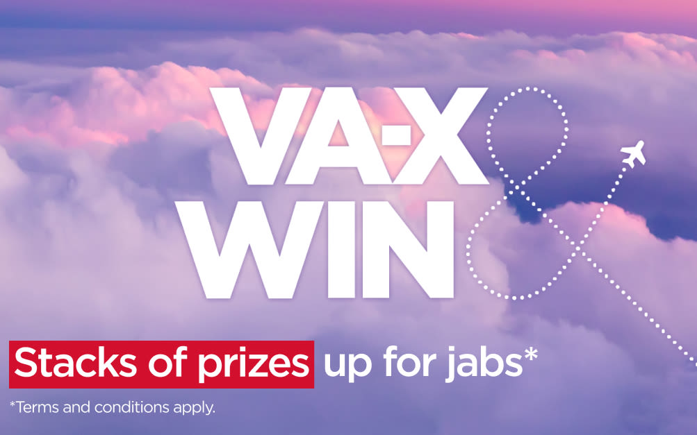 VA-X & Win competition logo Text reads: Stacks of prizes up for jabs (terms and conditions apply)