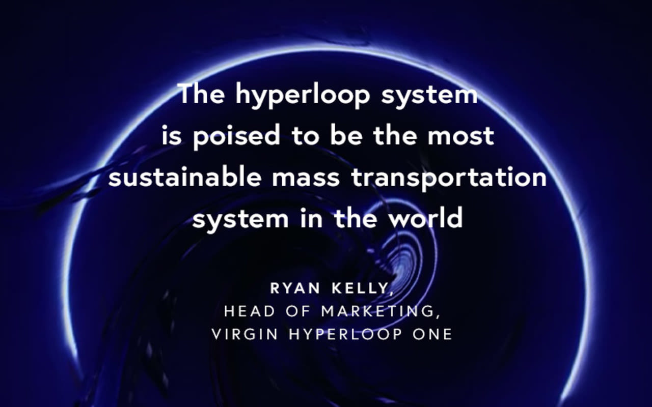 The hyperloop system is poised to be the most sustainable mass transportation system in the world.  White text on dark blue background