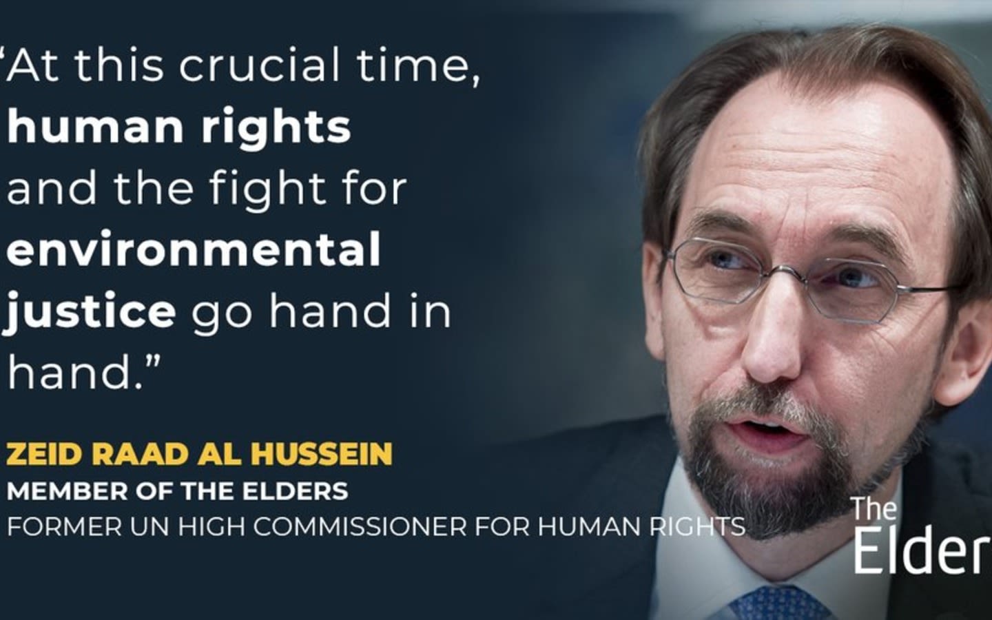 picture of zeid raad al hussain  with a quote on the left hand side and the elders on the bottom right