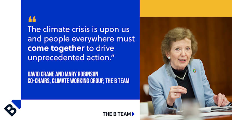 Mary Robinson with text. The Climate Crisis is upon us and people everywhere must come together to drive unprecedented action