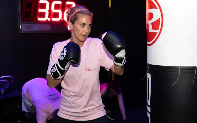 Holly Branson practices boxing at the Virgin Active Club Crawl