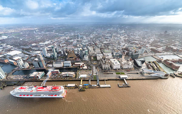 Aerial view of Virgin Voyages' ship Scarlet Lady docked in Liverpool
