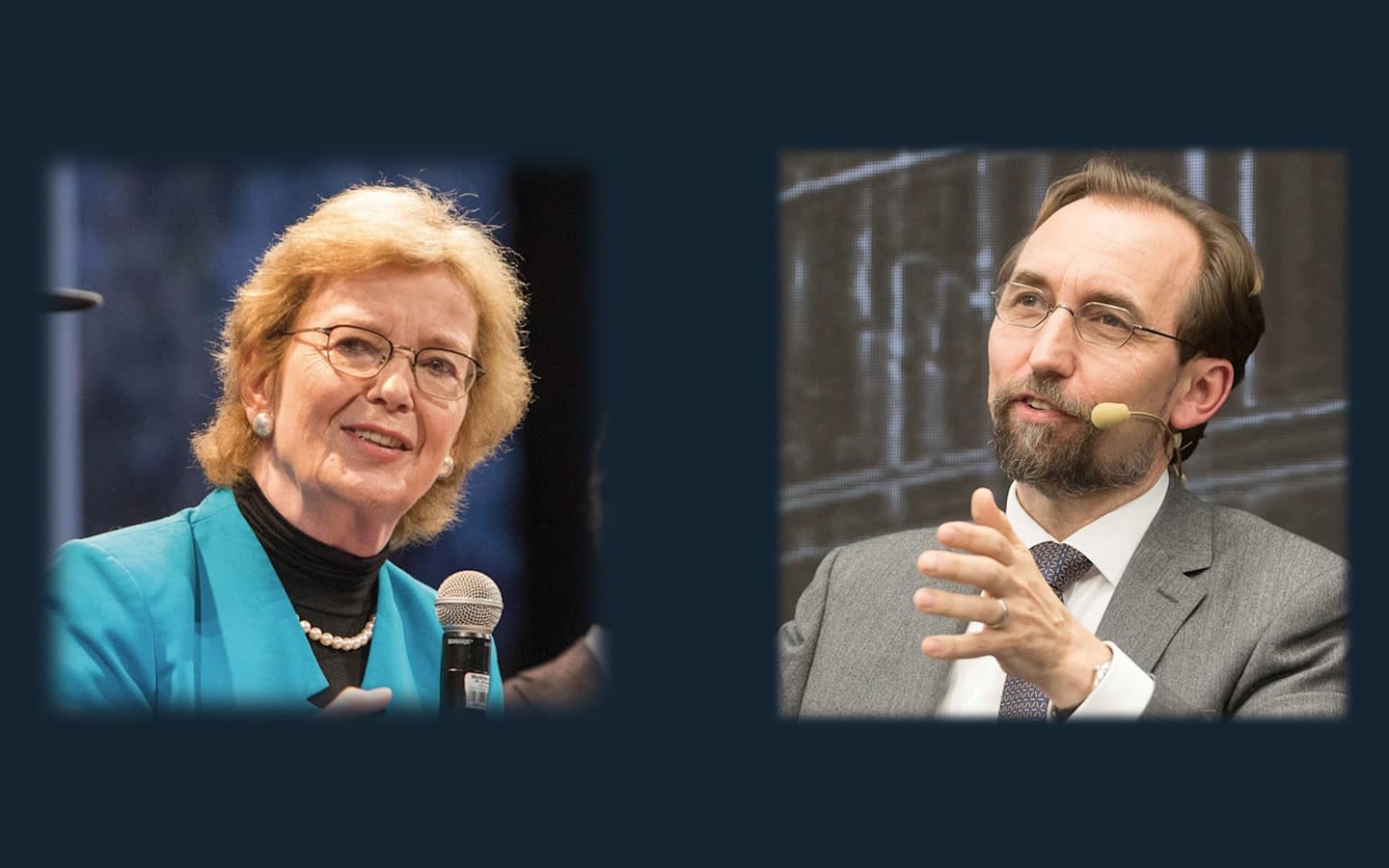 picture of , Mary Robinson and Zeid Raad Al Hussein with mics 