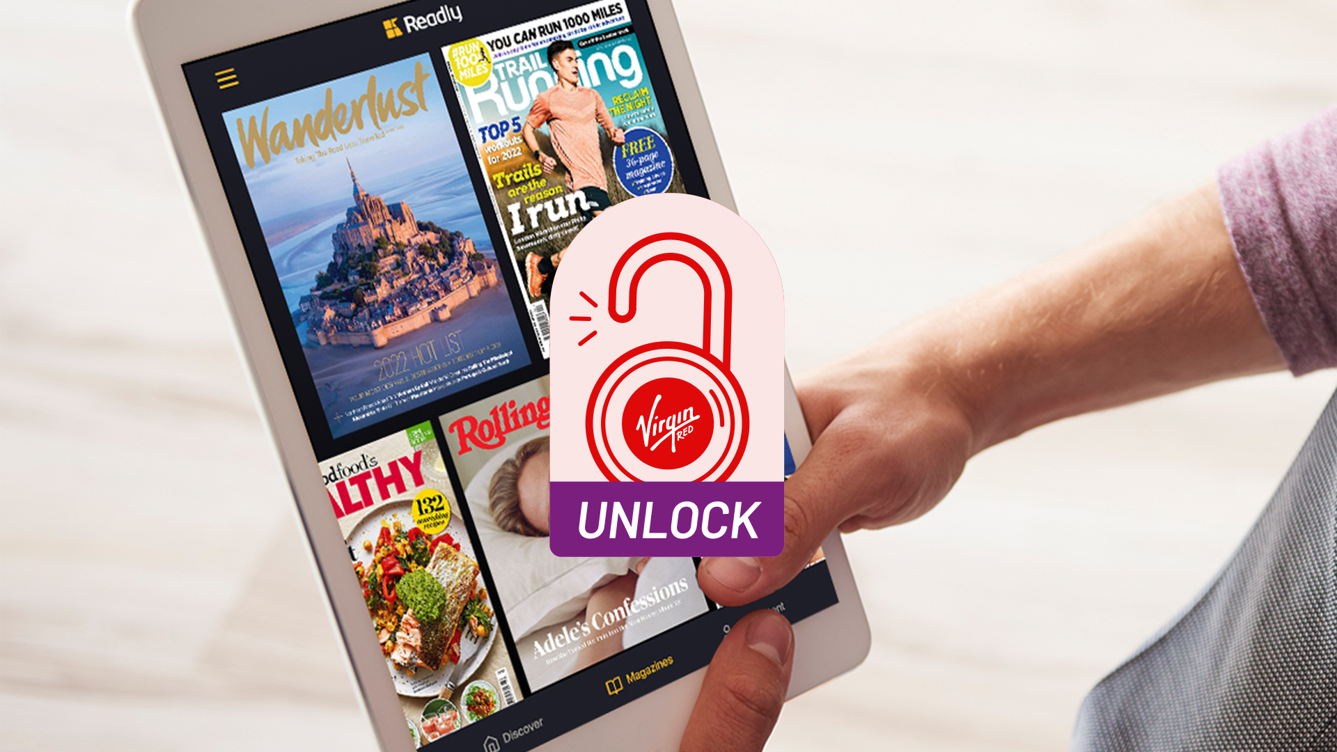 Image of Readly app with Unlock Virgin Red sticker over the top. 