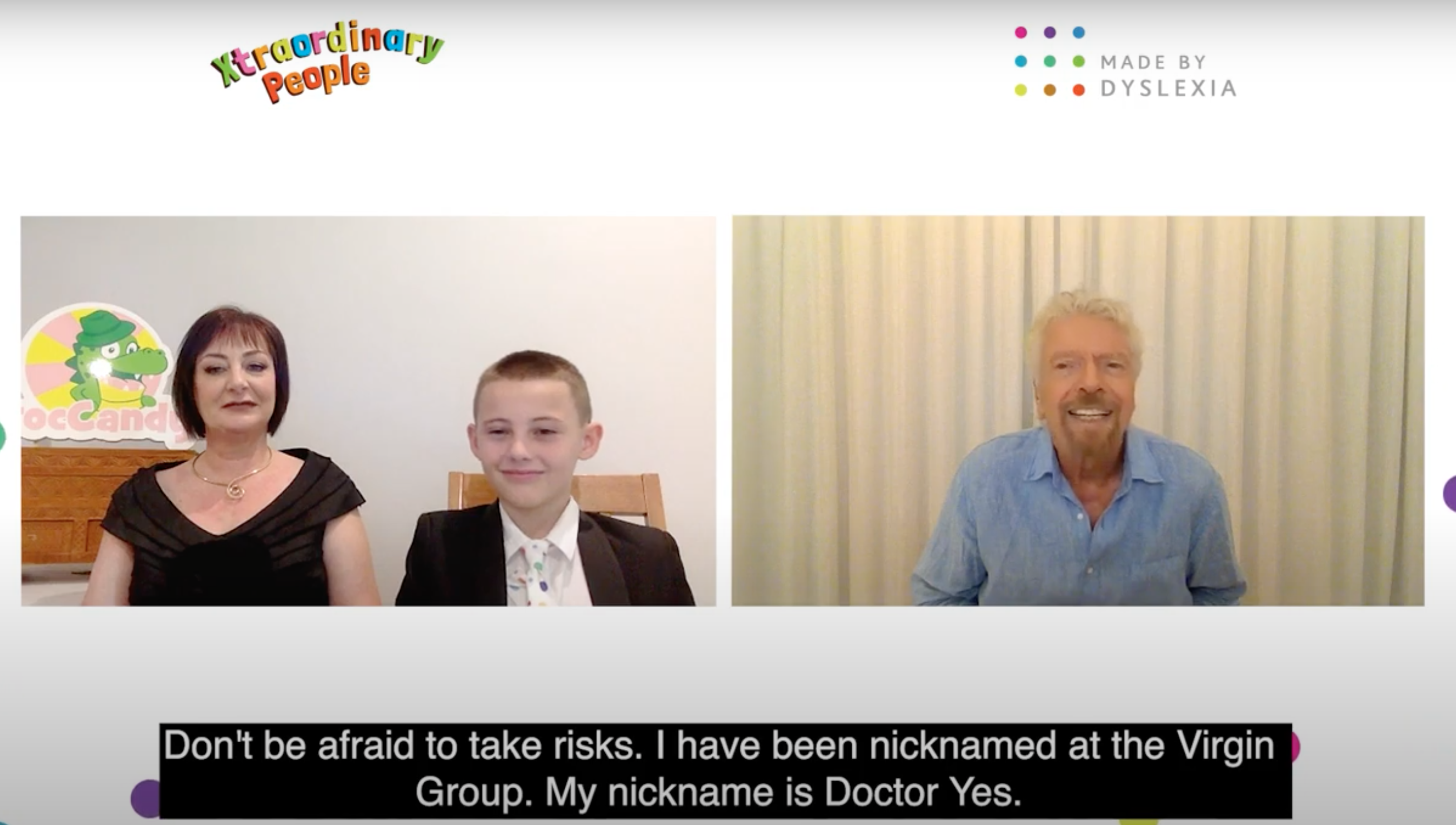 Richard Branson sharing a virtual mentoring session with a young, dyslexic entrepreneur