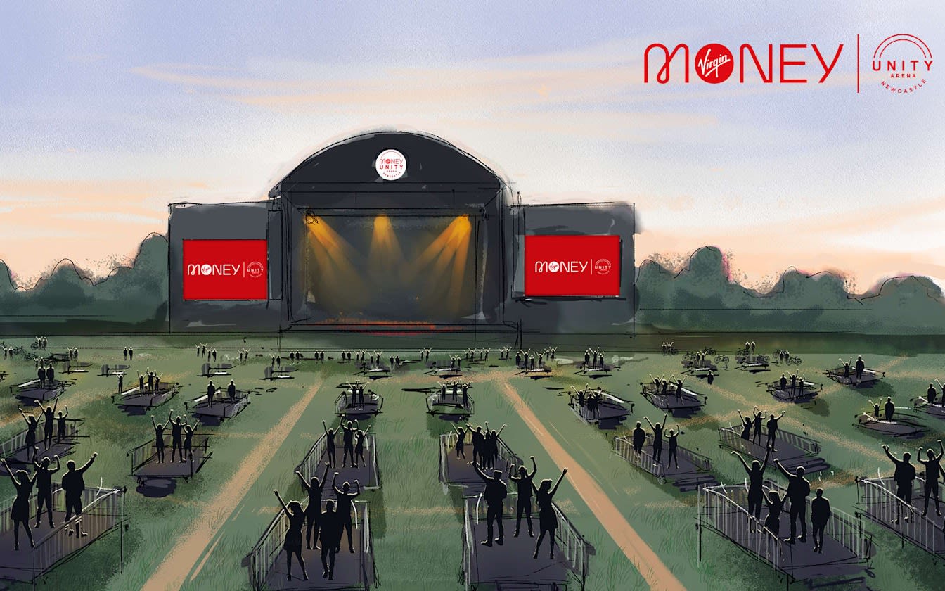 An artists impression of virgin moneys pop up arena stage in the centre with virgin money signs on both sides drawings of people on platforms infront of the stage 