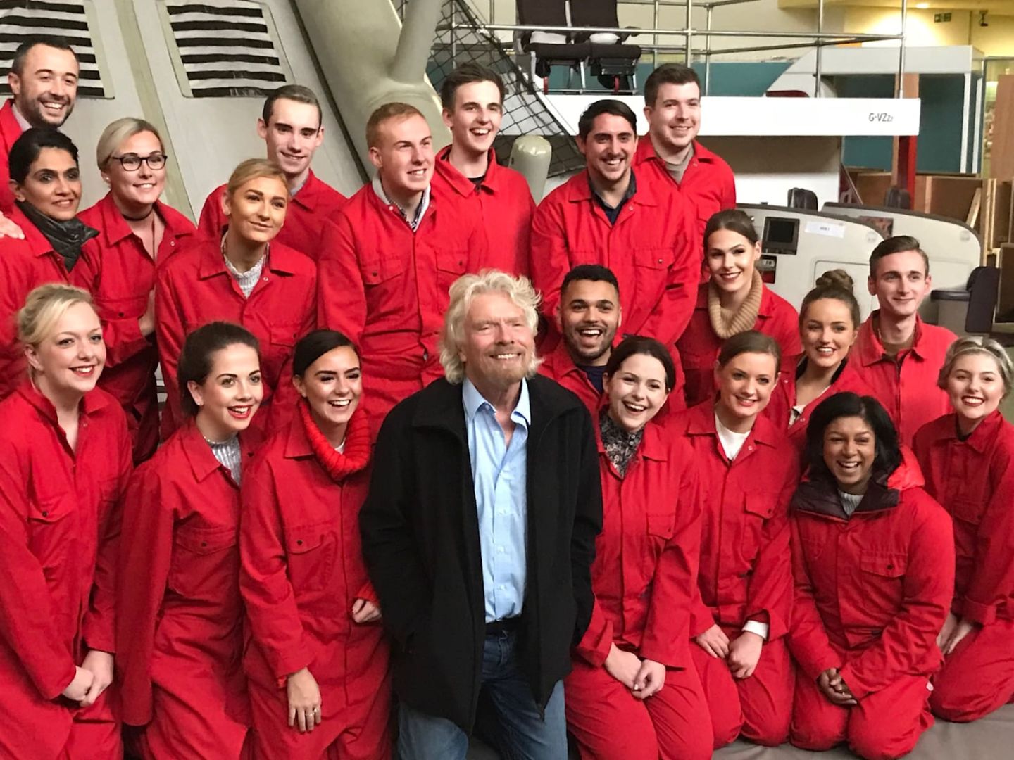 Richard Branson with Virgin Atlantic cabin crew in training