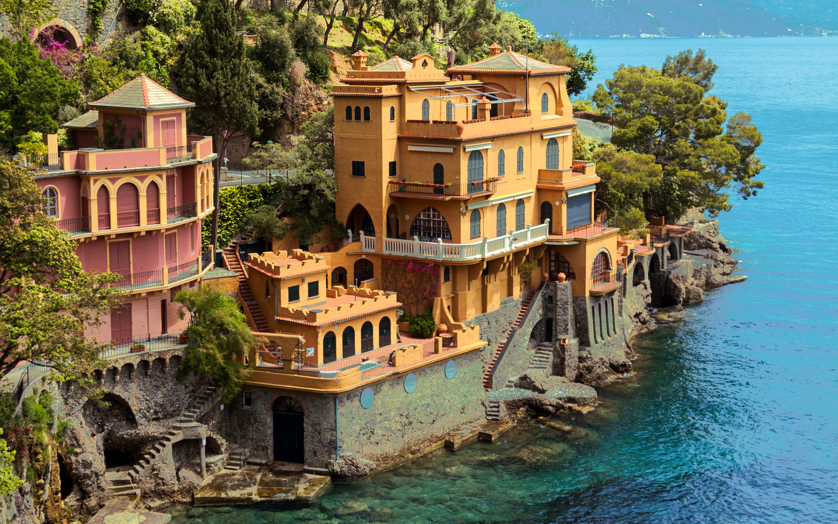 Image of colourful houses on the coastline of Liguria in Italy. 