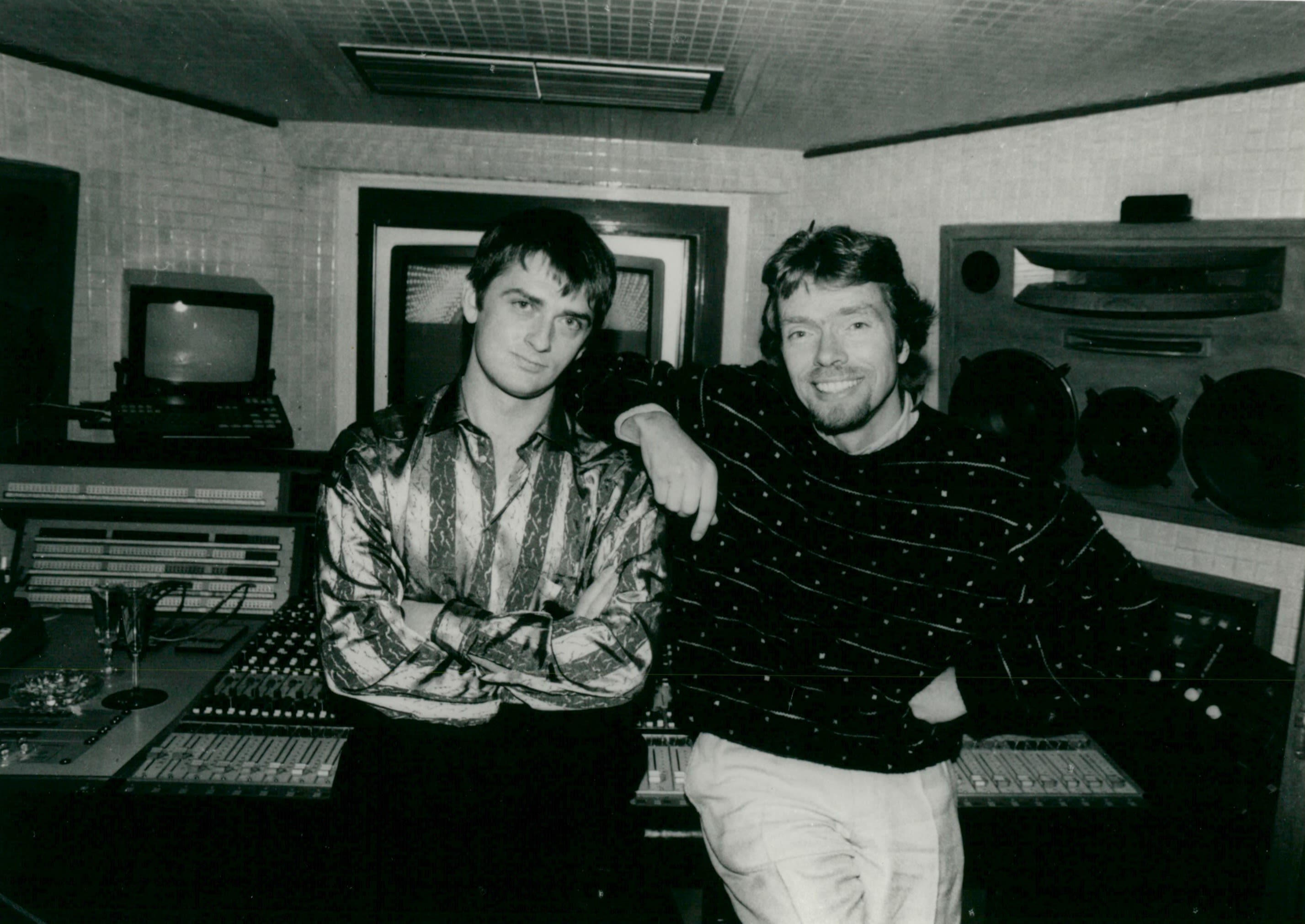 Mike Oldfield (left) and Richard Branson in The Manor recording studio in the 1970s