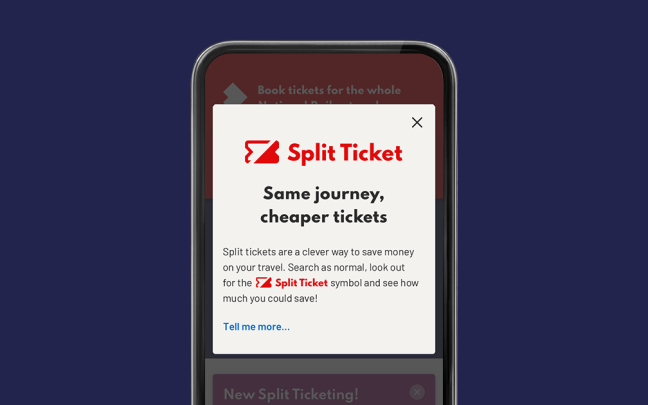 Image of a screenshot of the Virgin Trains Ticketing app with a split ticketing explainer.