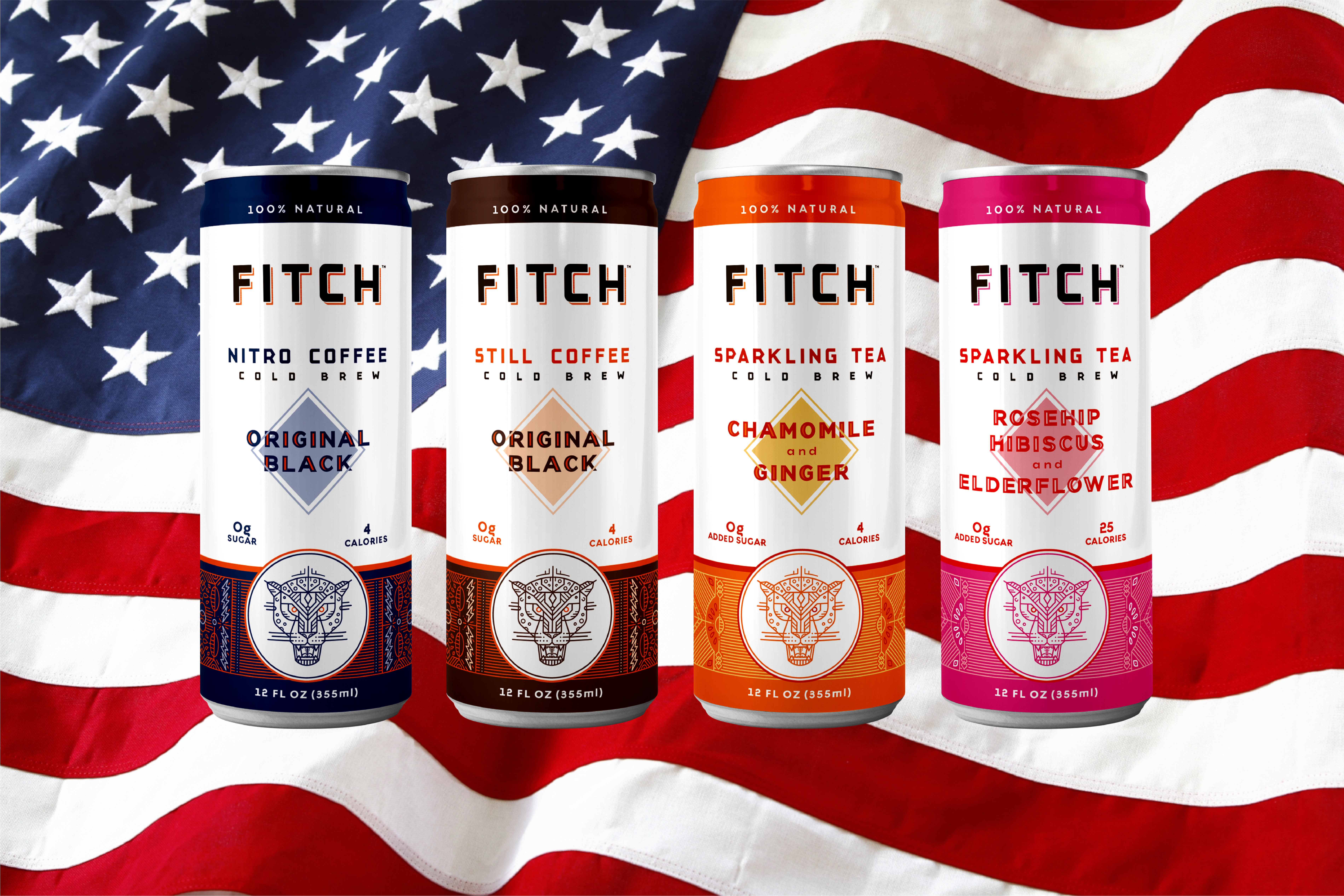 Four cans of cold brew coffee with the American flag in the background