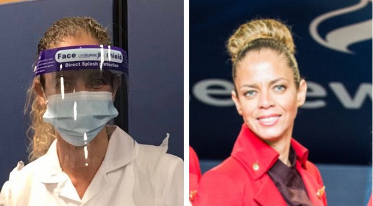 Two photos of Ania J Choppy-Hansford, on the left in a visor and mask, and on the right in her Virgin Atlantic cabin crew uniform