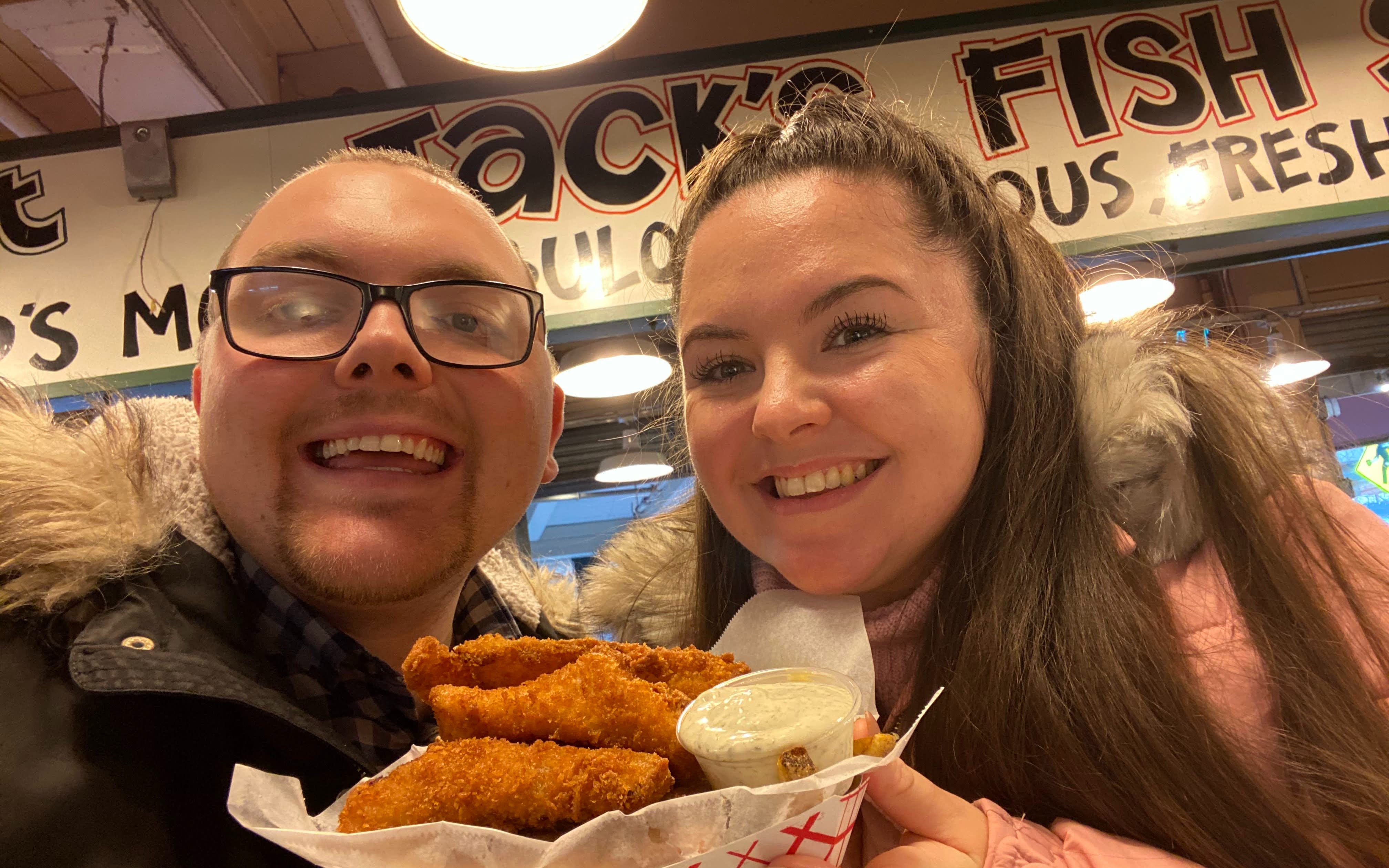 An image of Bradley and Amber at Jack's Fish Market in Seattle