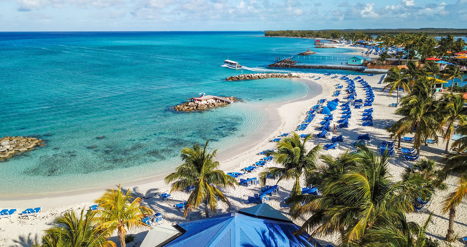 An aerial view of a beach in the Bahamas