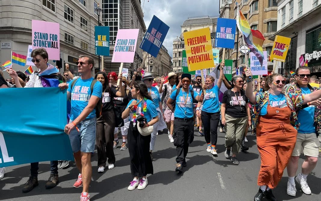 Group of people walking during the parade at Pride with signs such as "STAND FOR STONEWALL", "TAKE PRIDE", AND "FREEDOM. EQUITY. POTENTIAL."