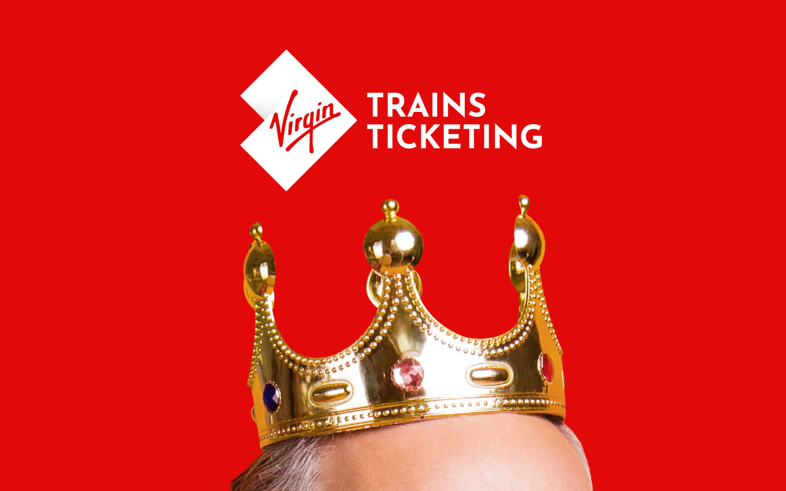 Image of the top of a head with a crown, plus the Virgin Trains Ticketing logo.