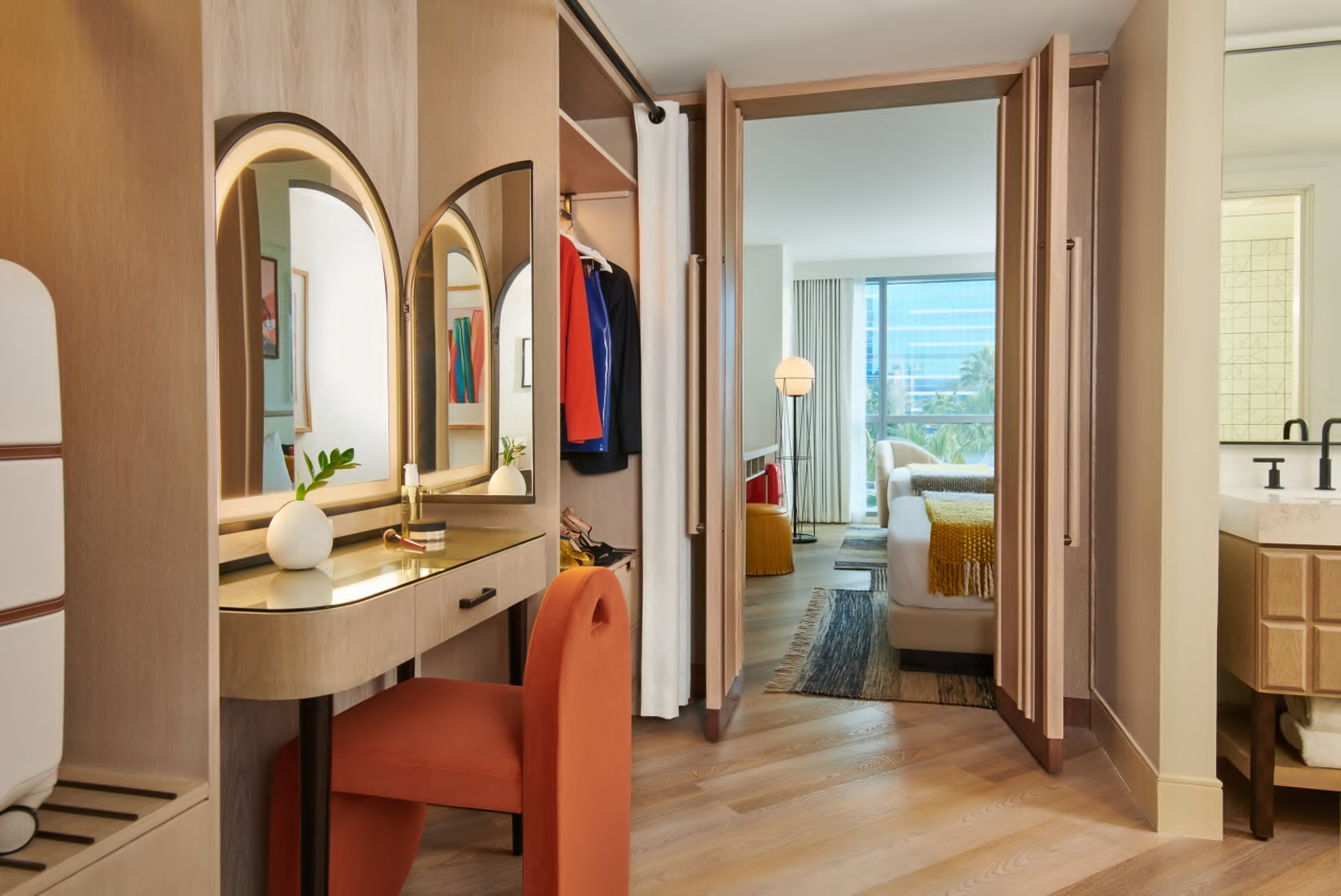 The vanity in a room at Virgin Hotels Las Vegas