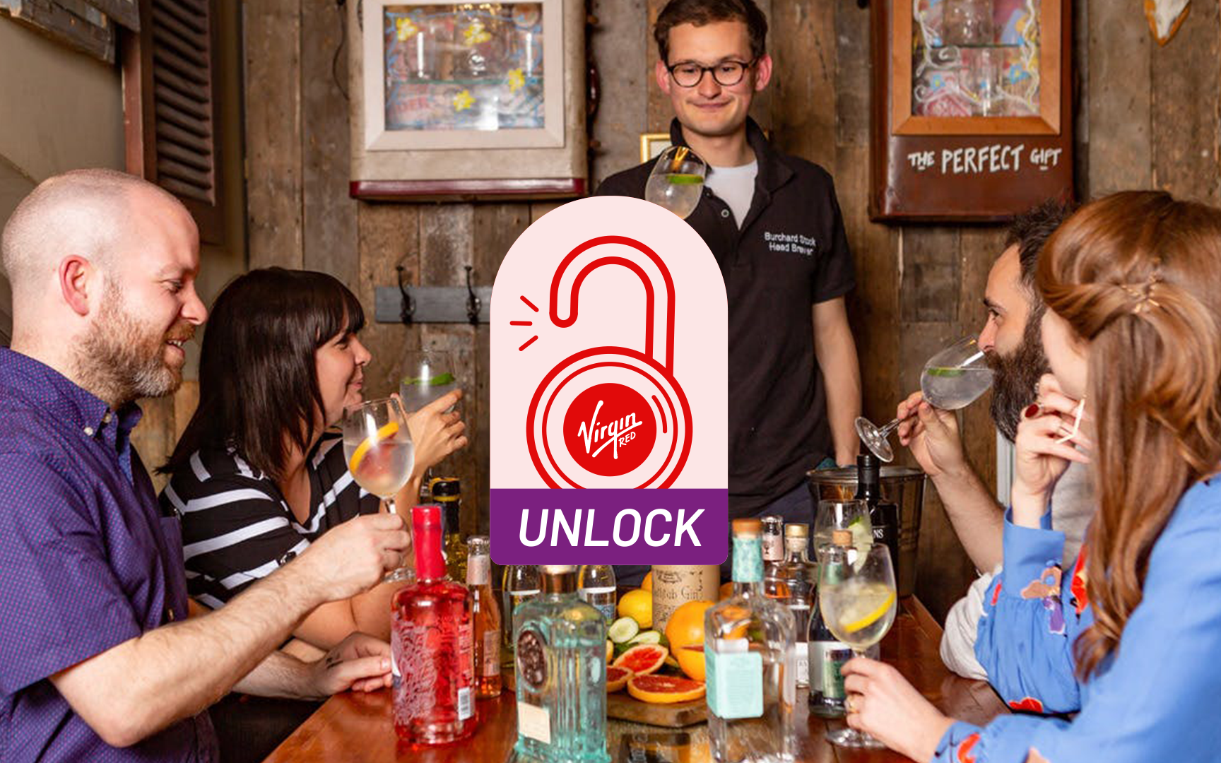 Image of a gin tasting experience with Virgin Experience Days with an Unlock Virgin Red sticker on top.