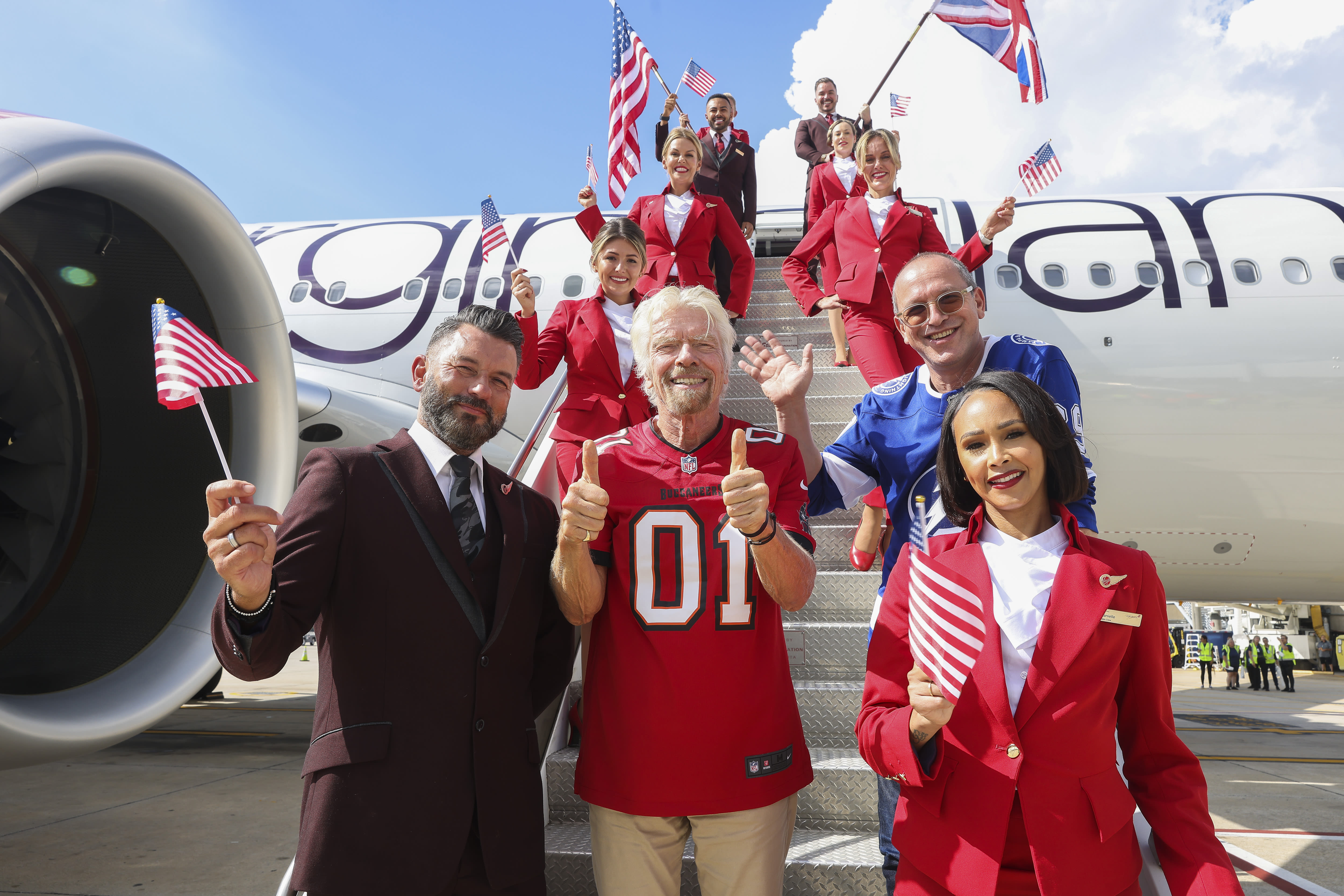 Richard Branson, Shai Weiss and Virgin Atlantic crew on the Tampa Inaugural flight