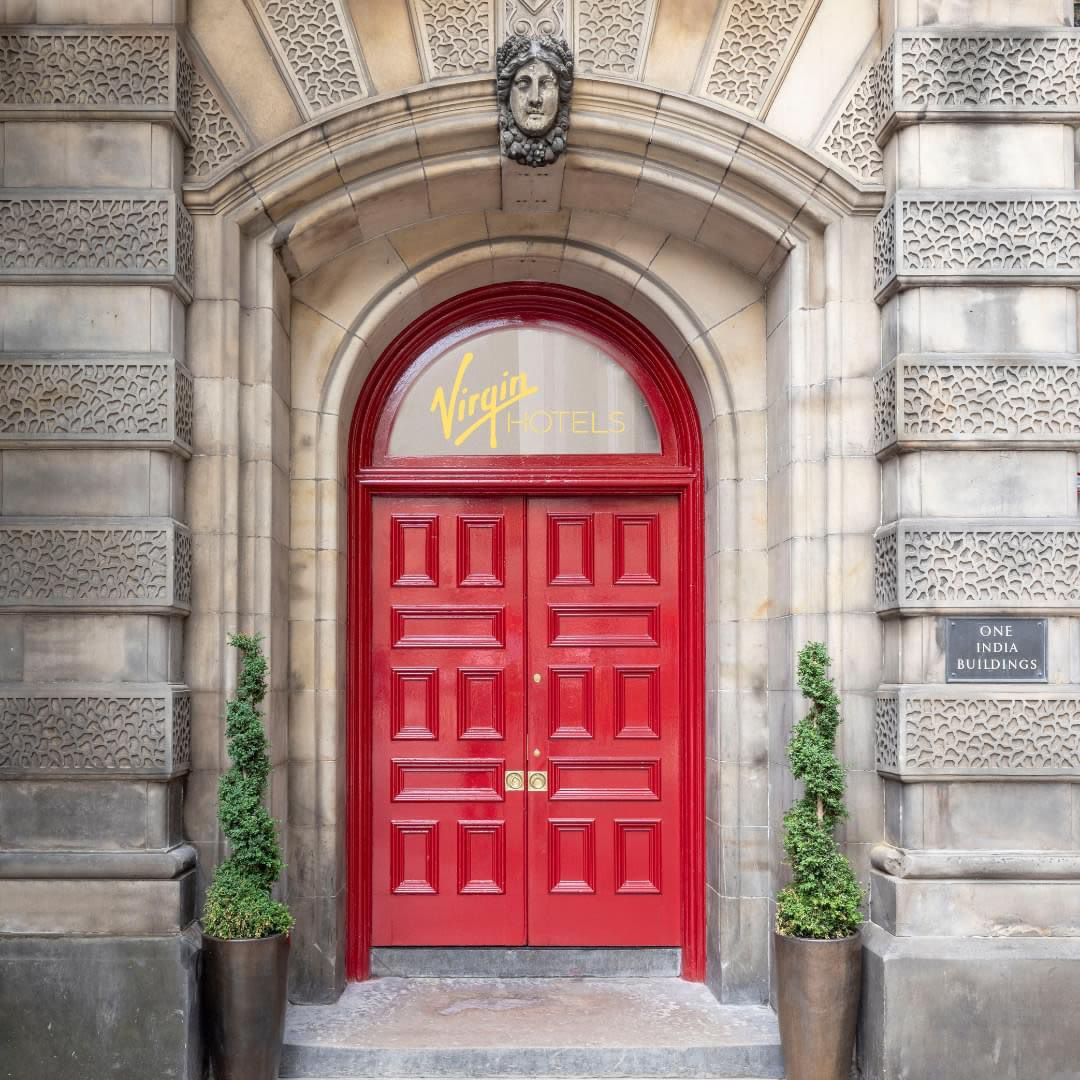 The Virgin Hotels Edinburgh bright red front door