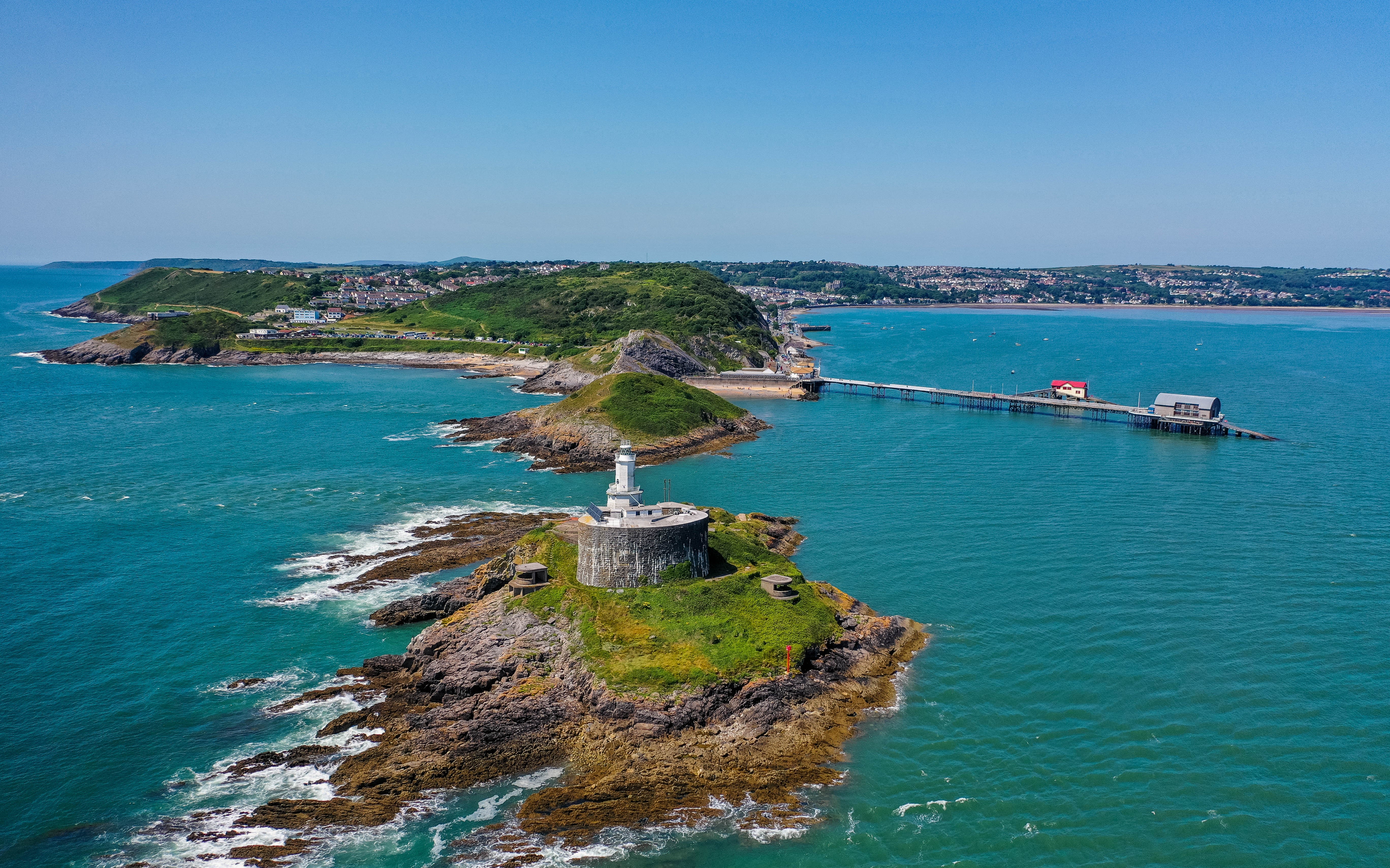 An aerial image of Mumbles Pier in Swansea, Wales