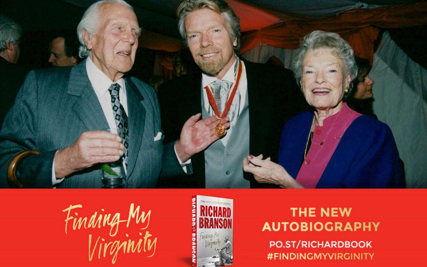 Finding My Virginity banner on a photo of Richard, Ted and Eve Branson celebrating Richard's Knighthood