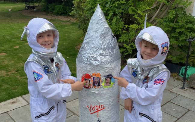 George and Albie - 8 year old dyslexic twins with a hand-made Virgin rocket