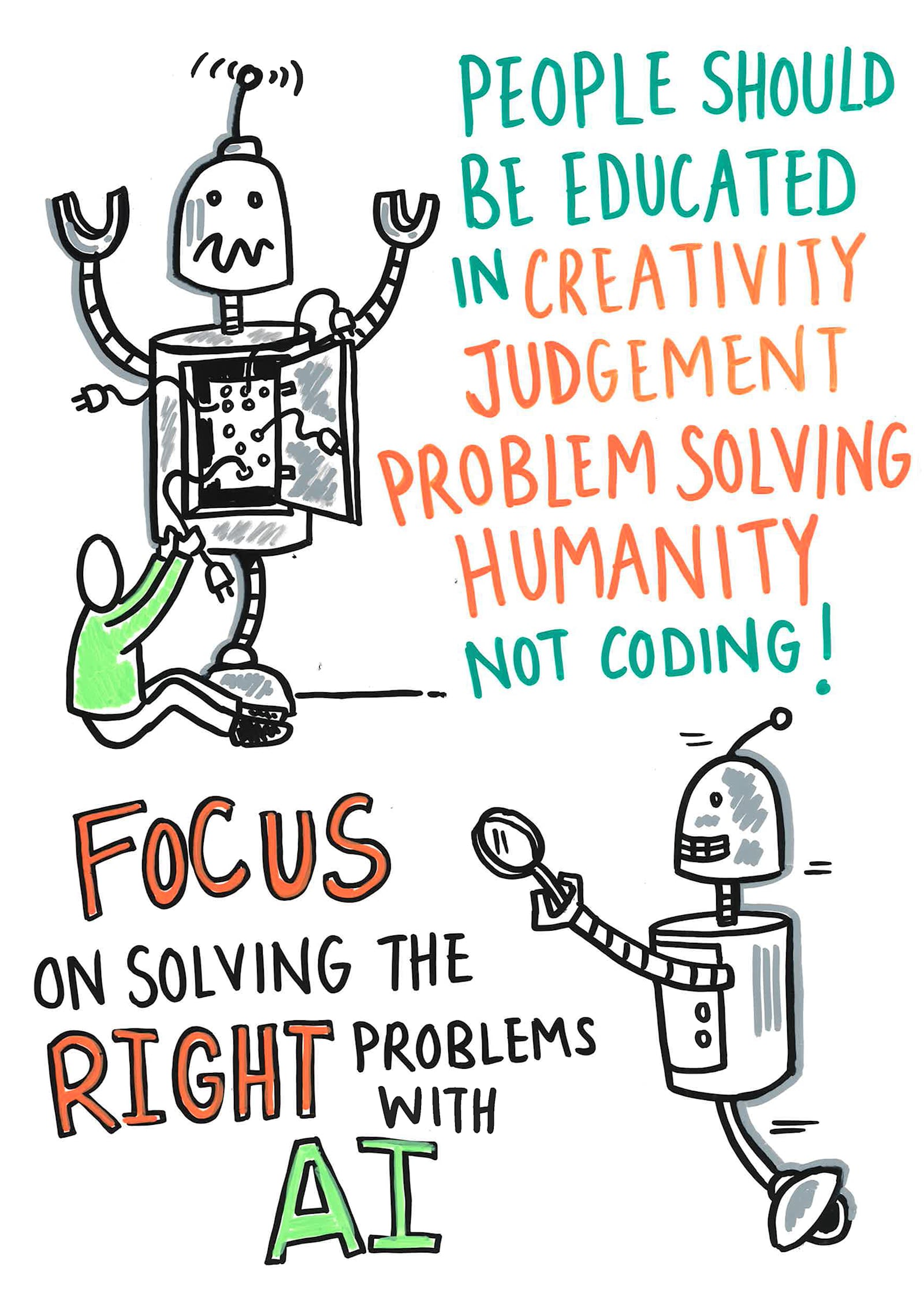 Cartoon robots with the text 'people should be educated in creativity, judgement, problem solving and humanity, not coding! Focus on solving the right problems with AI'