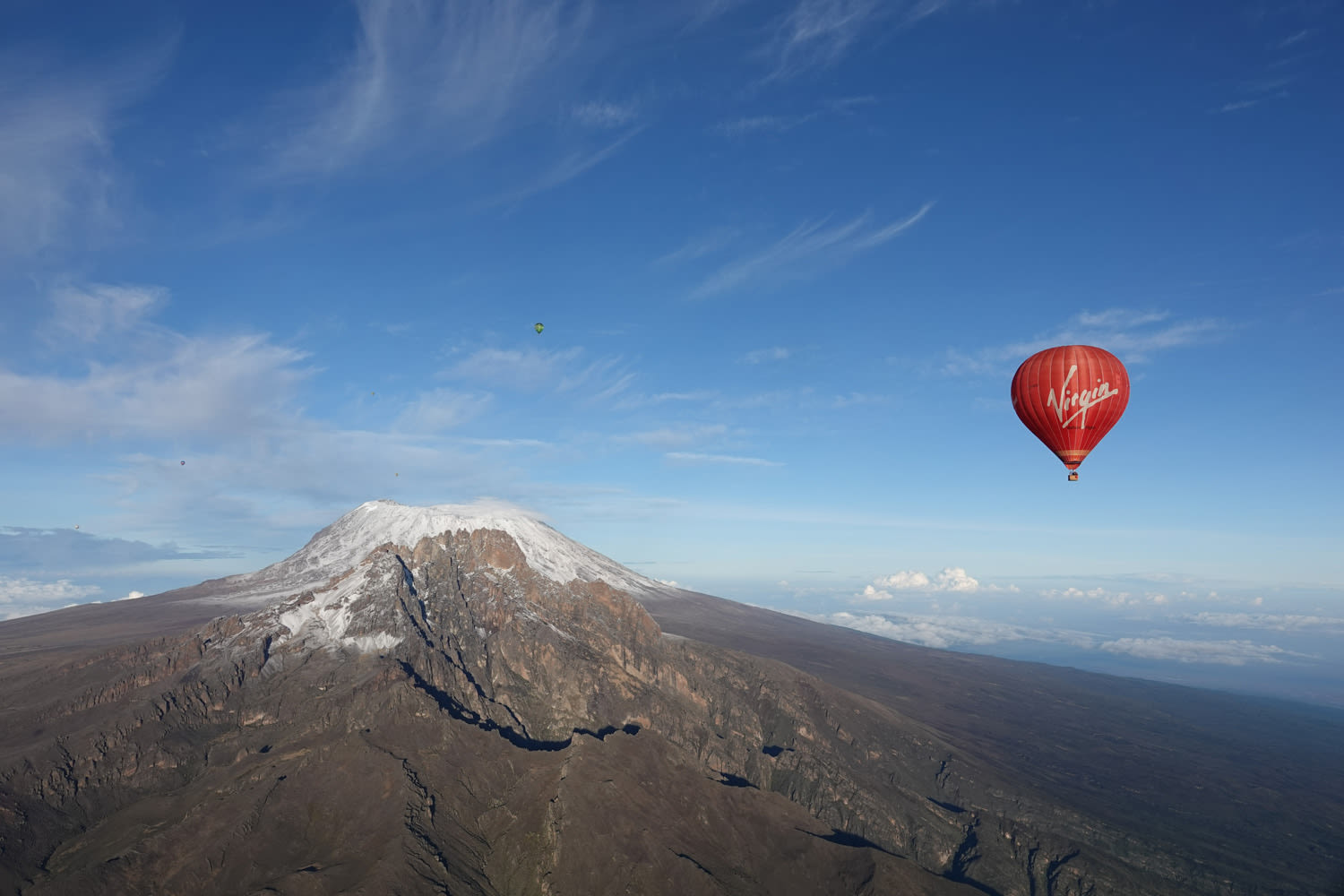 A Virgin balloon flying over Kilimanjaro