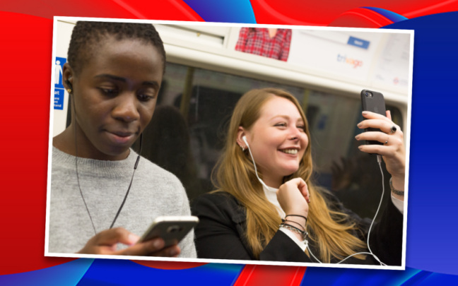 Image of two people using their phones while on the London Underground, on a red and blue Virgin Media O2 background