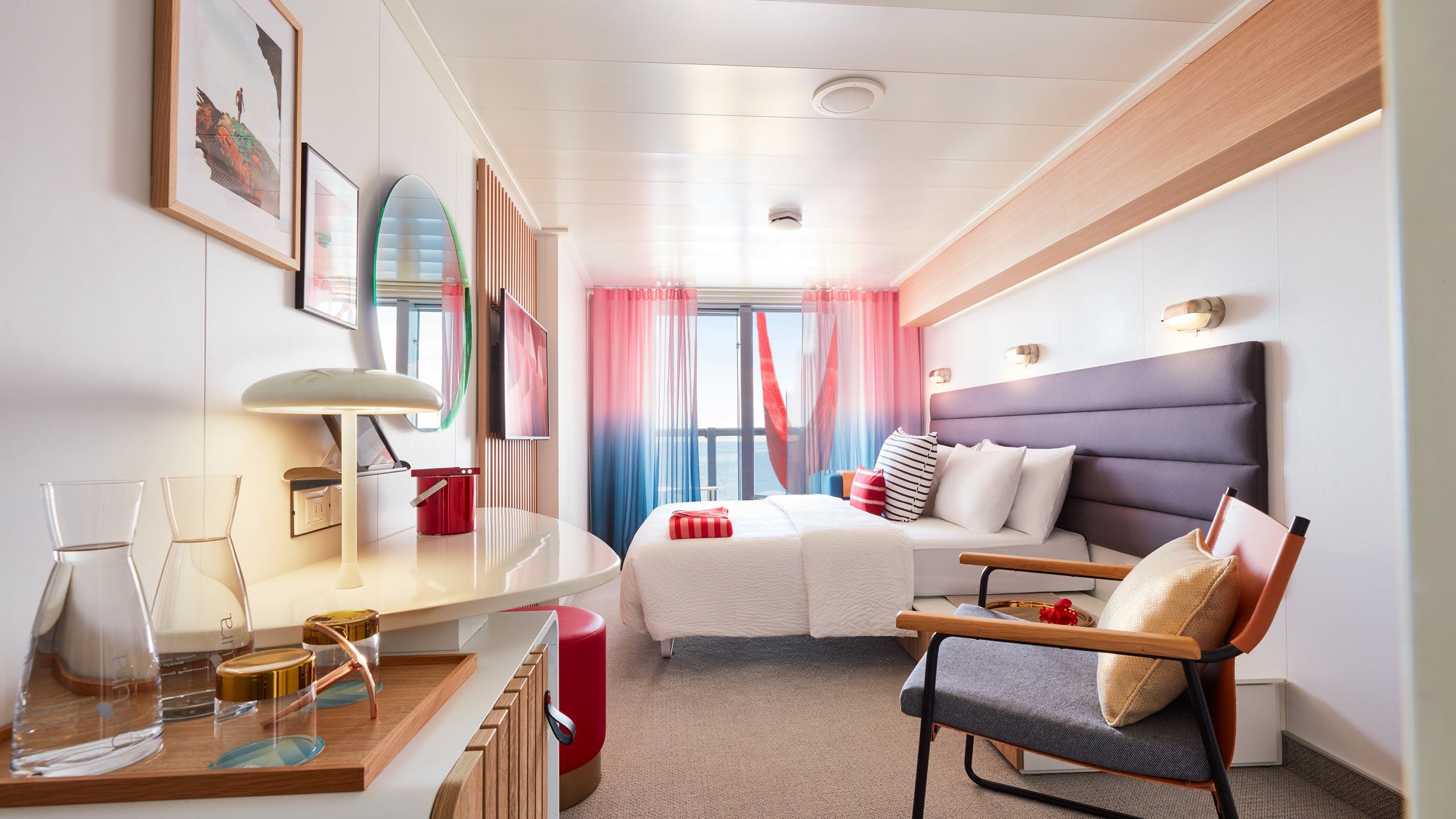A cabin on Virgin Voyages Valiant Lady ship