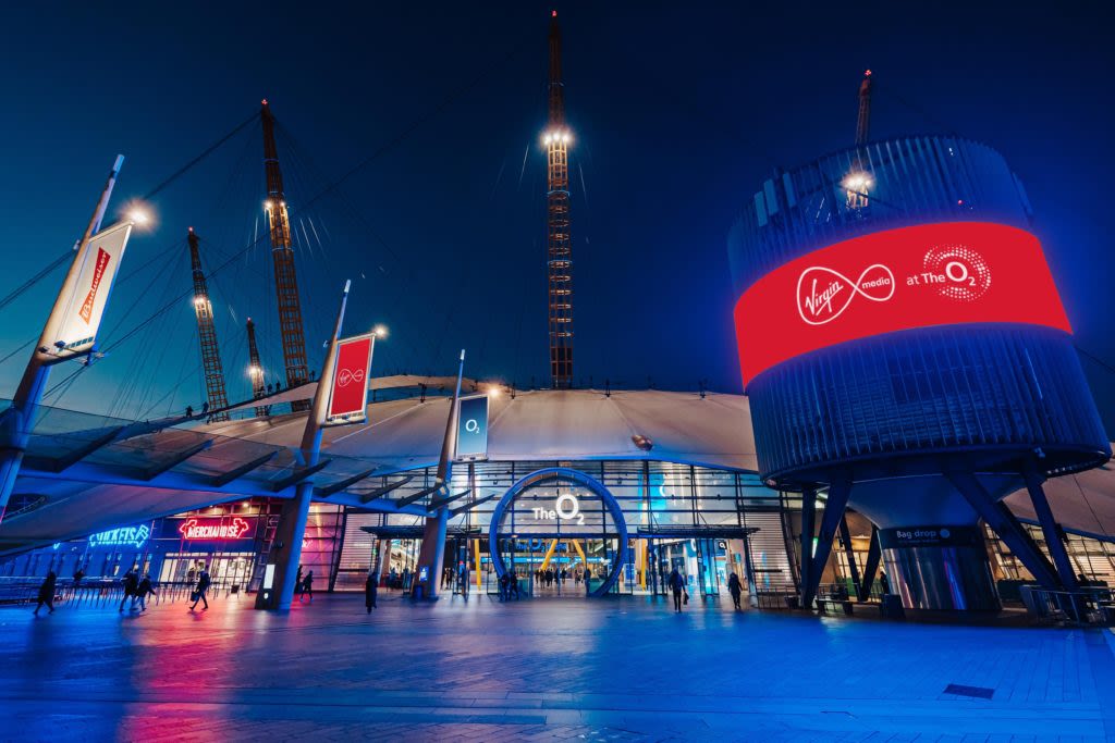 The O2 in Greenwich, London, with Virgin Media O2 logos outside
