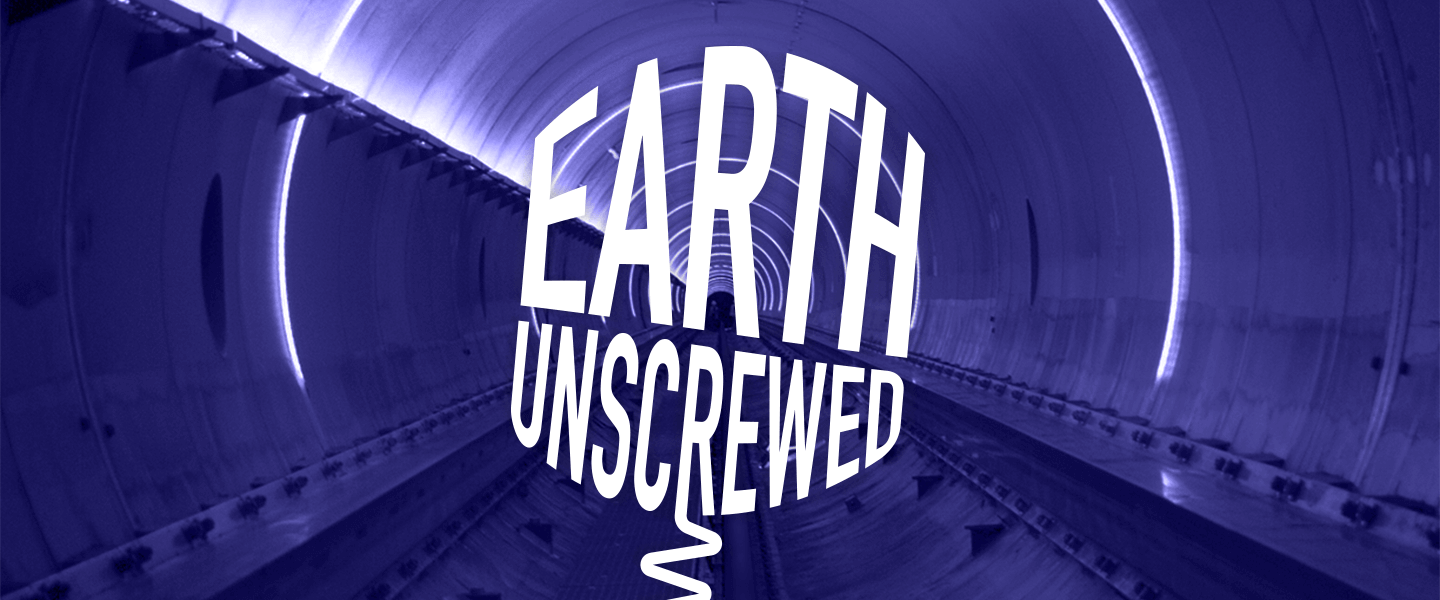 Earth Unscrewed.  White text on blue background