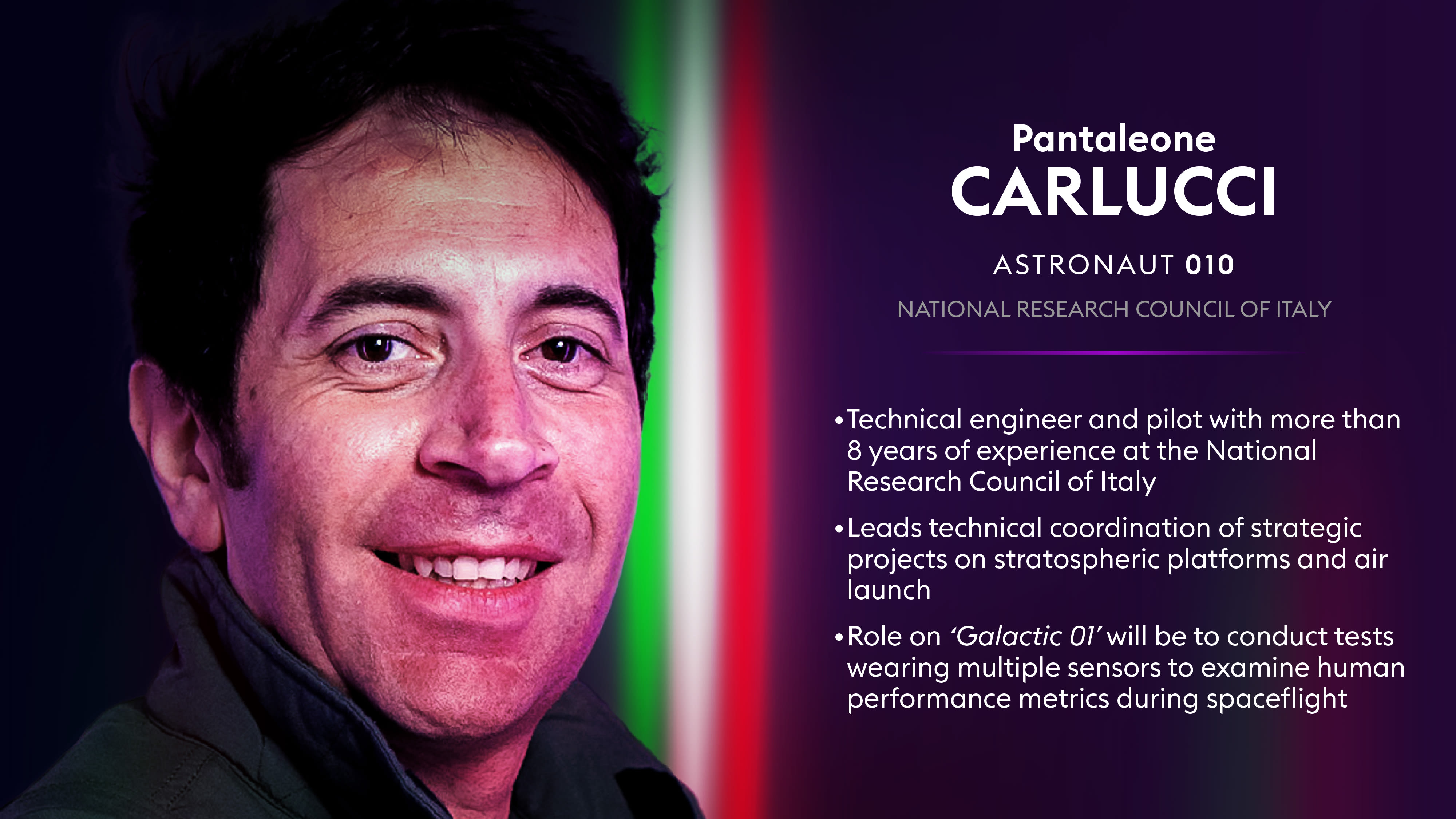 Virgin Galactic's Galactic 01 space mission crew member, Pantaleone Carlucci 
