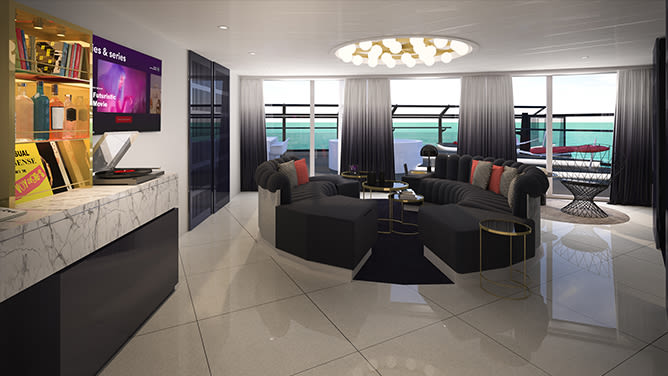 Living room in a suite on board Virgin Voyages