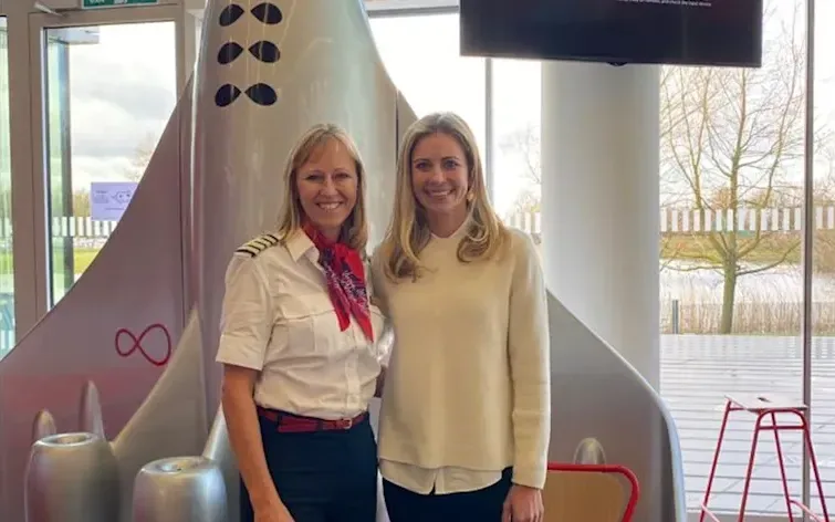 Holly Branson with  Lucy Tardrew, a Virgin Atlantic captain in the Virgin Media office