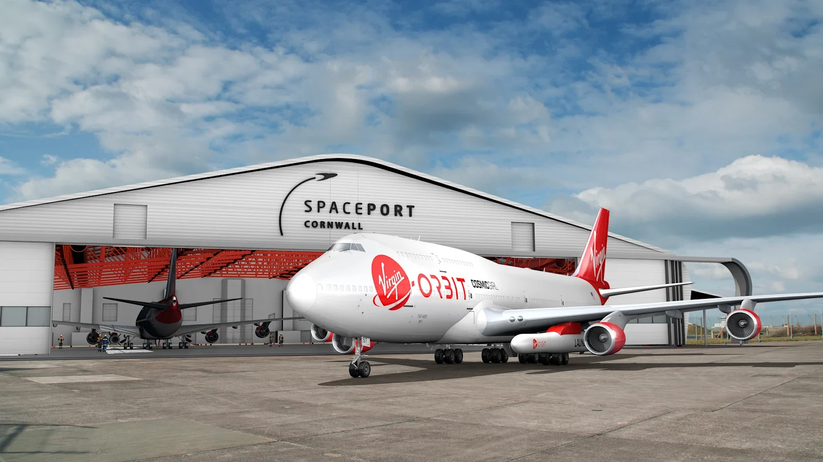 A render of a Virgin Orbit plane at Spaceport Cornwall