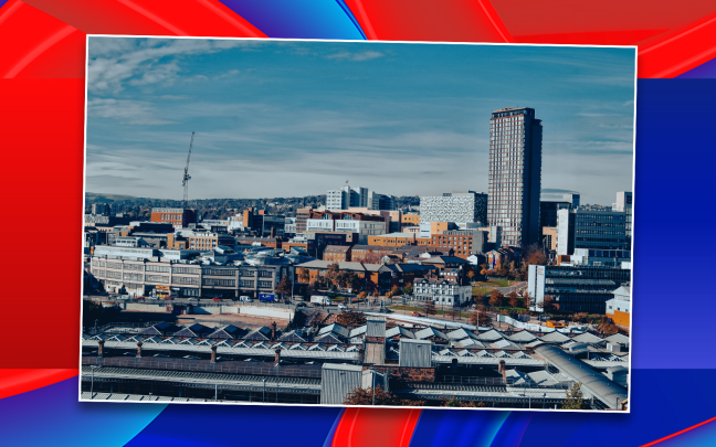 An image of the city of Sheffield on a red and blue Virgin Media O2 branded background