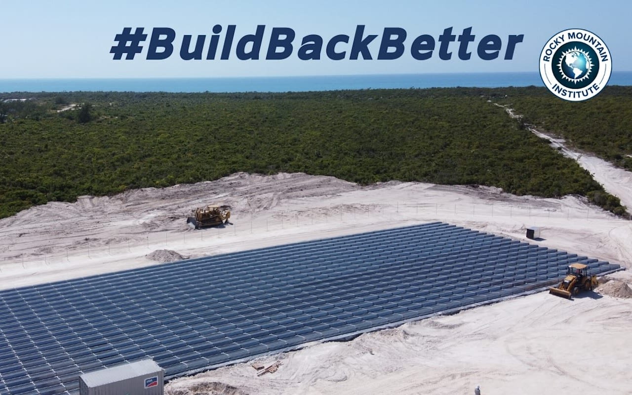 picture of a solar panel farm with #buildbackbetter above and rmi logo