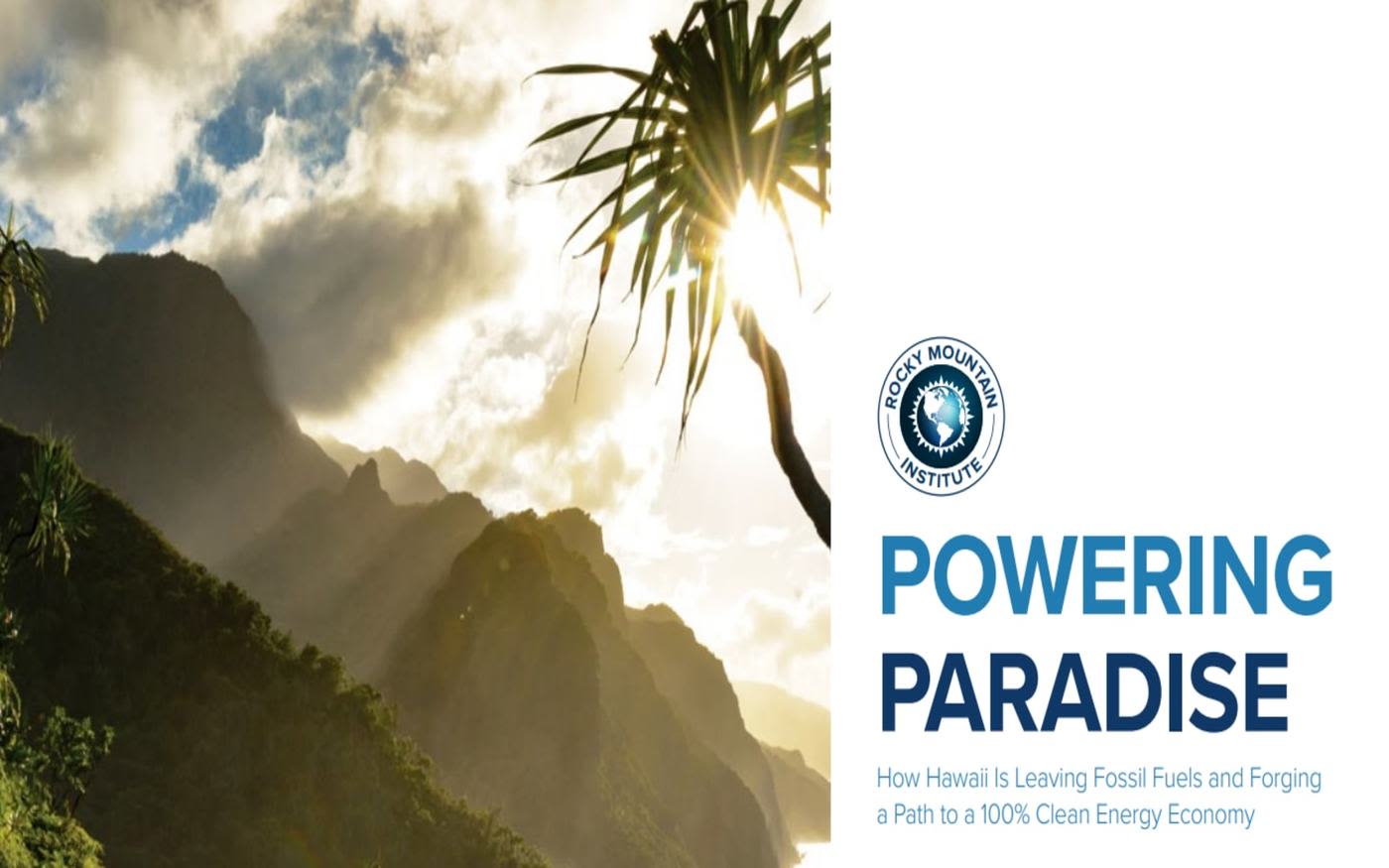 Text 'Powering paradise' shown next to an image of sunlight streaming through clouds over mountains with a palm tree just in view