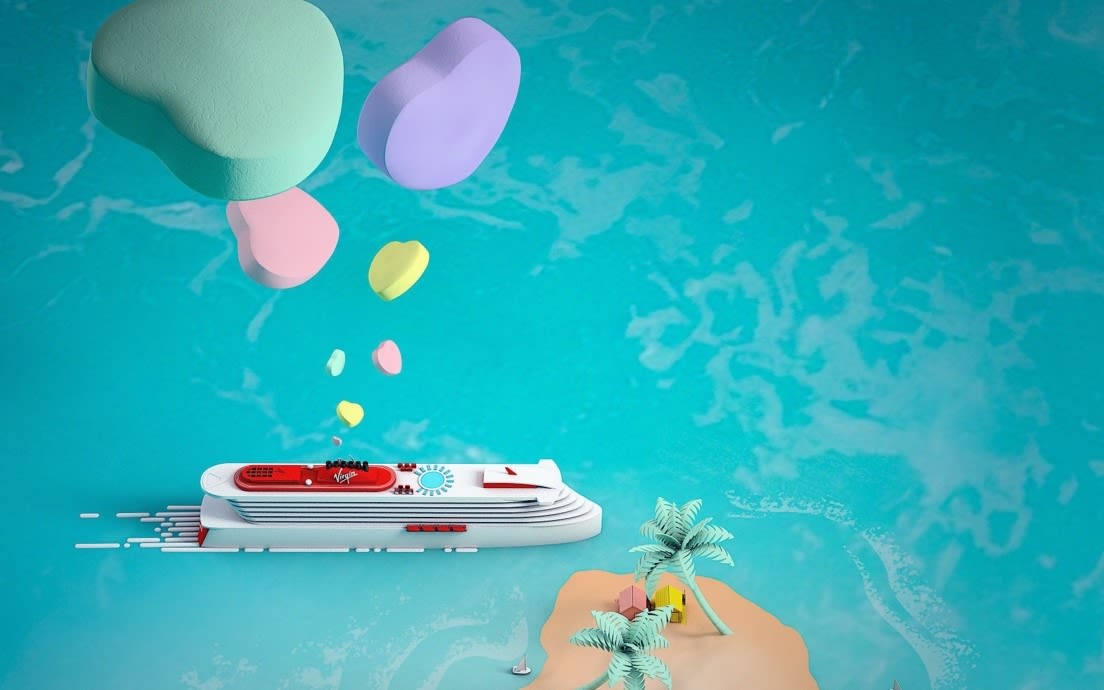 Graphic showing Virgin Voyages' ship near an island with love hearts floating above it