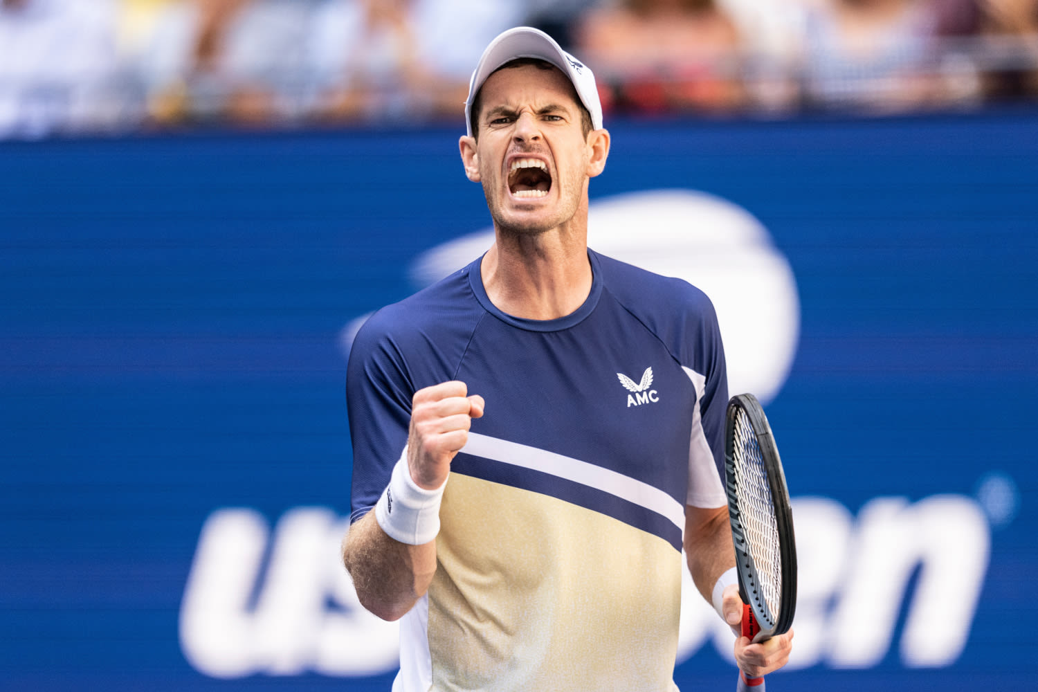 Andy Murray of Great Britain, wearing Castore tennis kit, reacts during 3rd round of US Open Championships match against Matteo Berrettini of Italy at Billie Jean King National Tennis Center