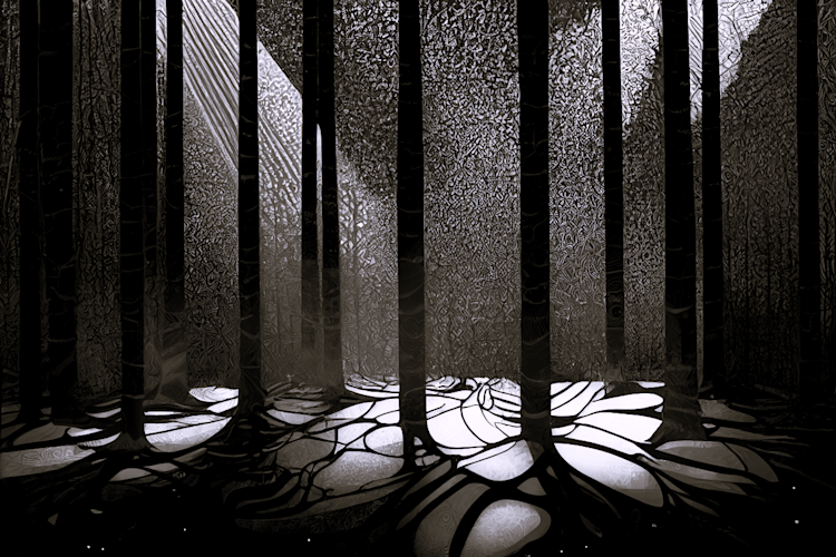 an artistic photo of a shady wooded area created by AI.