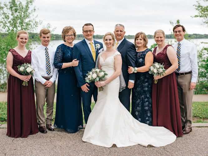 Here we are with our amazing family at the wedding. Pictured left to right: Taylor's sister, Olyvia; Taylor's brother, Riley; My mom, Sharon; Me and Taylor (obviously); Taylor's dad, Robb; Taylor's mom, Deanna; My sister, Robin; Taylor's brother, Brayden. They're all so great!