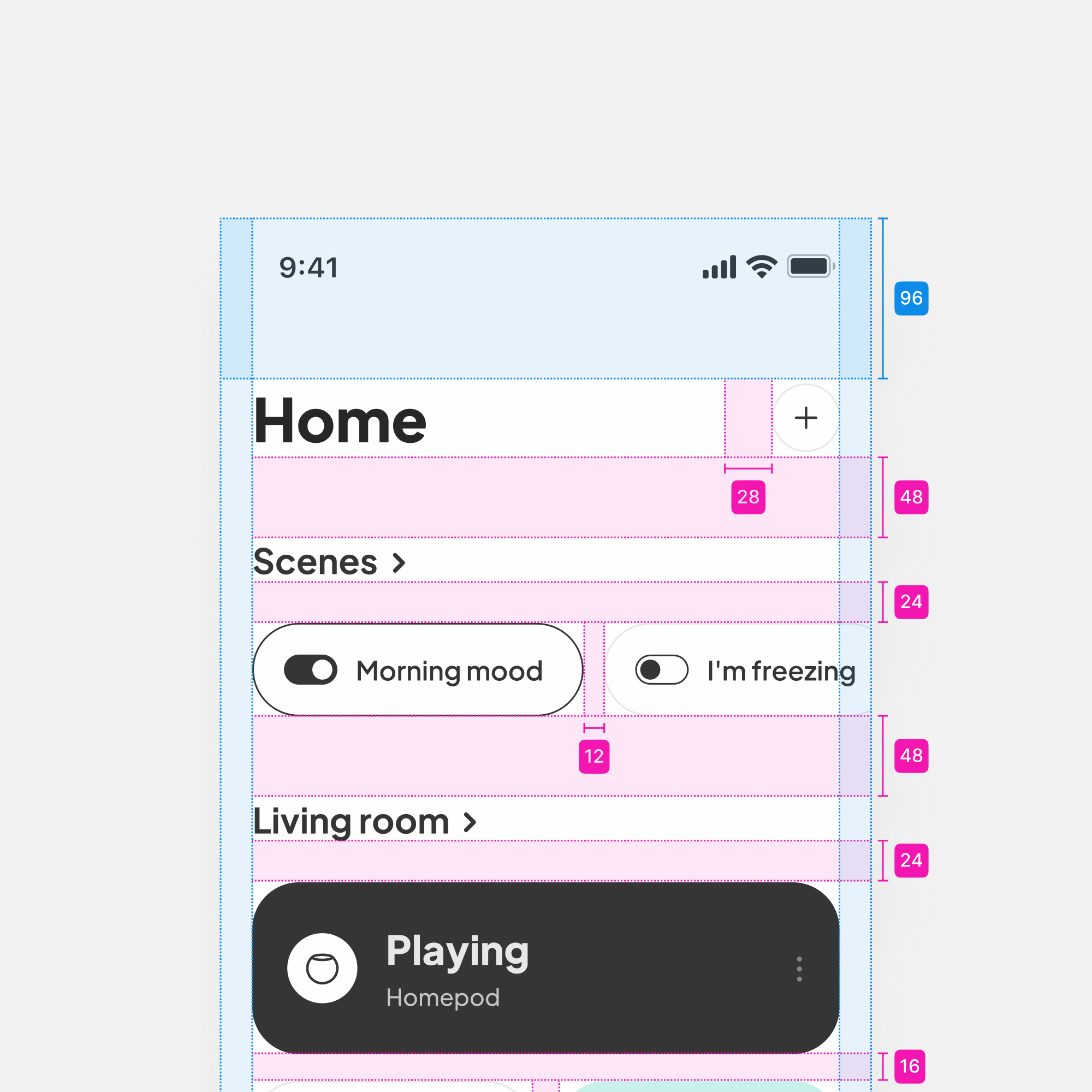 Smart home app concept home screen header measurements