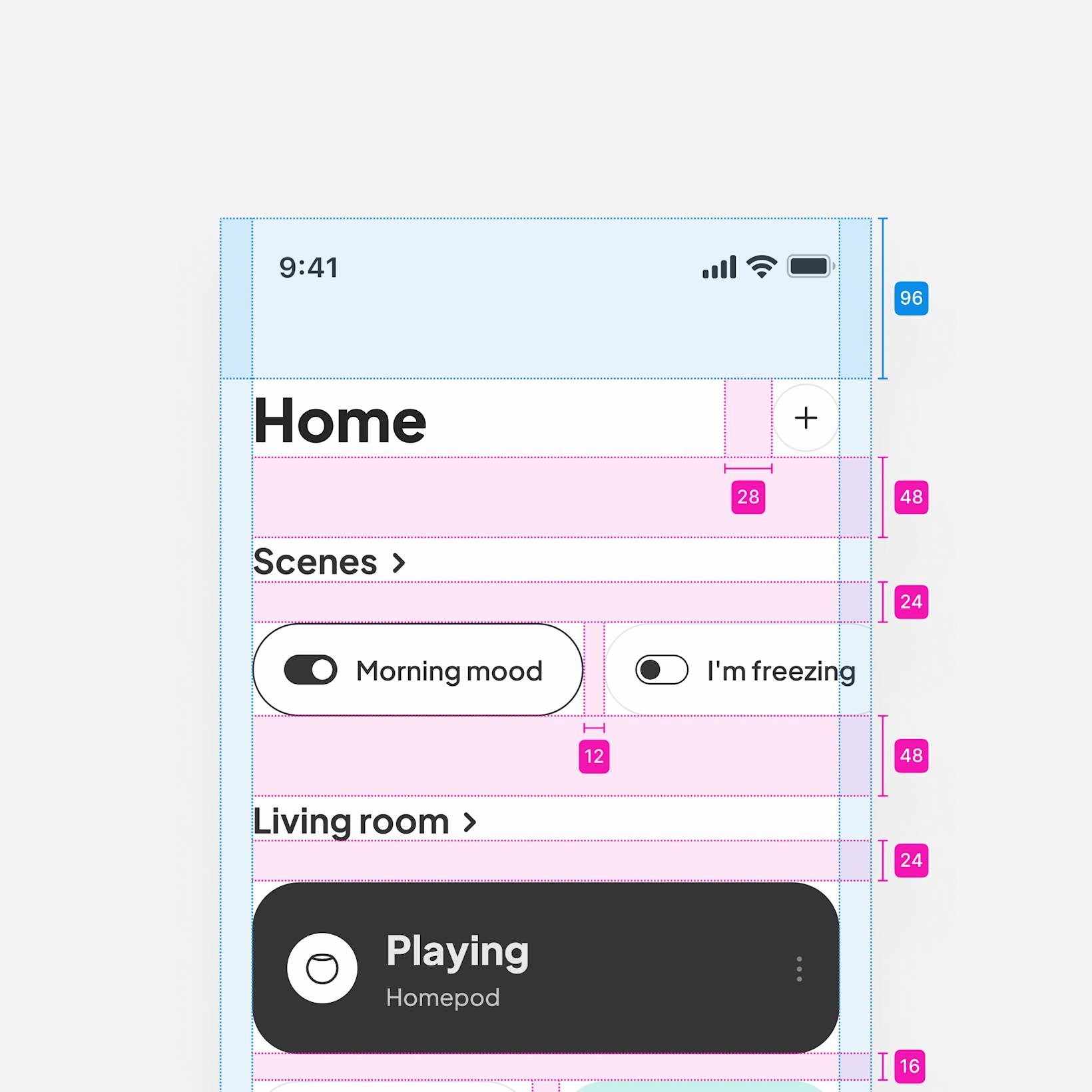 Smart home app concept home screen header measurements