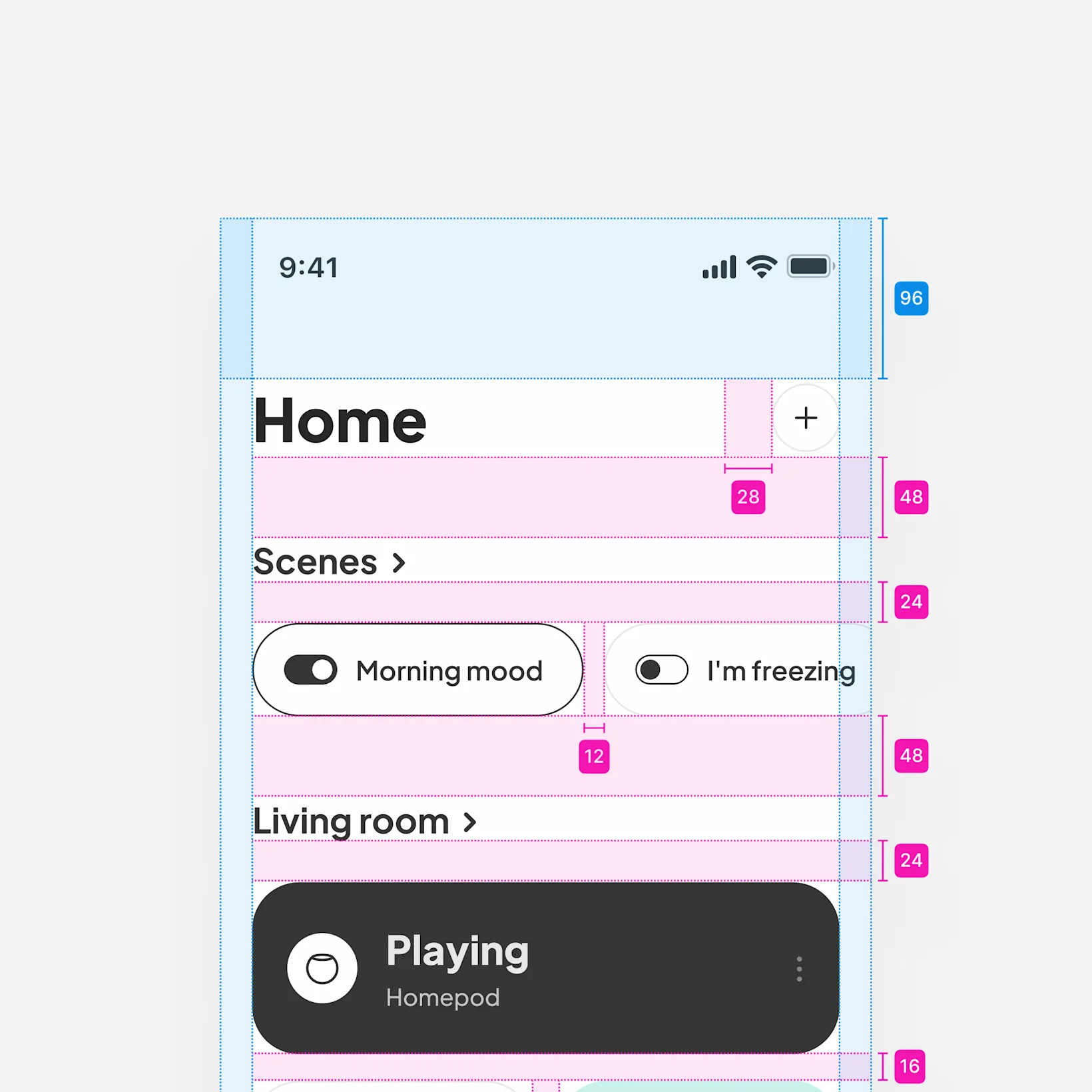 Smart home app concept home screen header measurements